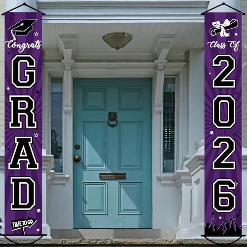 Image of Graduation Banner 2026 Graduation Decorations Purple and Black Grad Banner Porch Sign Class of 2026 Door Decor Congrats Hanging Backdrop Purple Grad Party Decor for School Congratulations Supplies