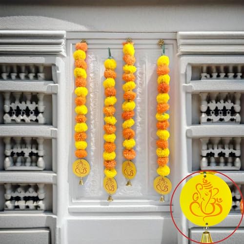 Image of Akaar Decor Artificial Marigold Flower Door Hanging with 'Ganesh Ji' | Diwali decoration items for home decor|Artificial flowers for decoration|puja decoration items for home|(L:Approx. 2.5ft)