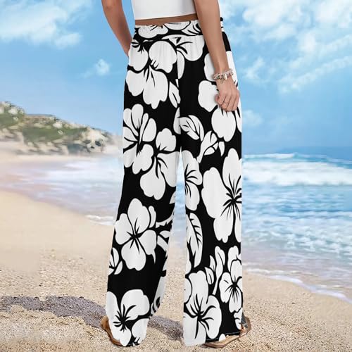 Womens Wide Leg Palazzo Pants Hawaiian Floral Flowy High Waist Casual Travel Trousers4