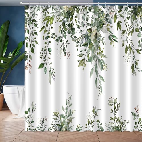 Image of Eucalyptus Shower Curtain, Abstract Aesthetic Art Watercolor Plant Leaves with Floral Bathroom Decor, Waterproof Fabric Cloth Bath Curtain Set with Hooks (Dark Green, 72x72 Inches)