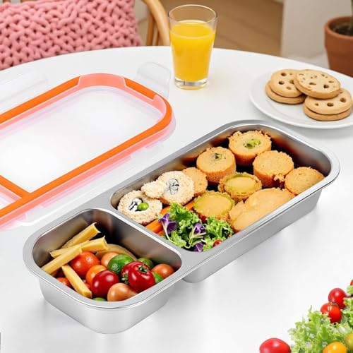 Image of Sinbyuer Stainless Steel Snack Containers, Grab and Go Snack Containers Reusable, 2 Compartment Food Storage Containers with Lids for Travel and Outdoor Camping (700ML)