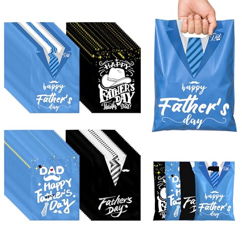 Lacebloma 128 Pcs Happy Fathers Day Plastic Gift Bags Cool Dad Party Favor Bags Bulk with Handles for Papa Grandpa Party Supplies Gift
