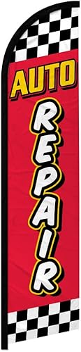 Miniatura 1 de Bandera publicitaria de reparación de automóviles (rojo y amarillo) sin viento, perfecta para mecánicos, tiendas de automóviles, concesionarios,