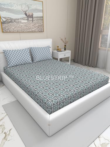 Image of Blue Strip 300 TC Cotton Feel Glace Cotton Flat Printed Queen Size Double Bed Bedsheet with 2 Pillow Covers,Size- 90 x 100 Inches