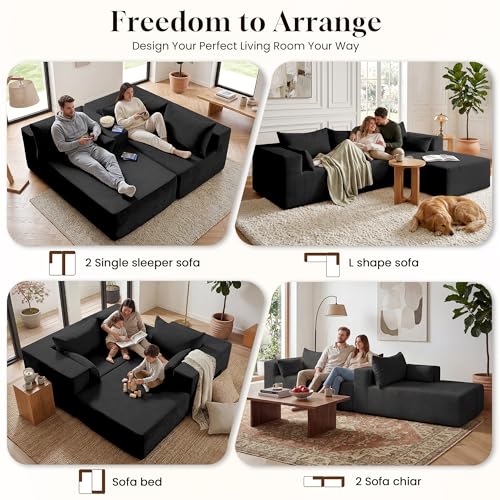 Image of GRUSIGN106 Cloud Sectional Boneless Couch for Living Room, Modular L Shaped Couches with Oversized Right Facing Chaise, Memory Foam Compressed Spineless Deep Seat 3 Seater Sofa for Apartment, Black