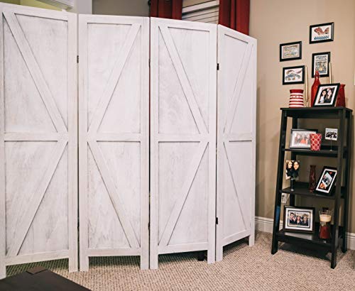 Image of Premium Home 4-Panel Room Divider - Rustic White Barn Door, K Pattern Folding Privacy Screen, Partition Wall
