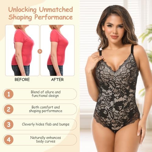 woahee Lace Shapewear Bodysuit for Women Tummy Control Shapewear Sleeveless V-Neck Tank Tops Backless Thong Body Suit4