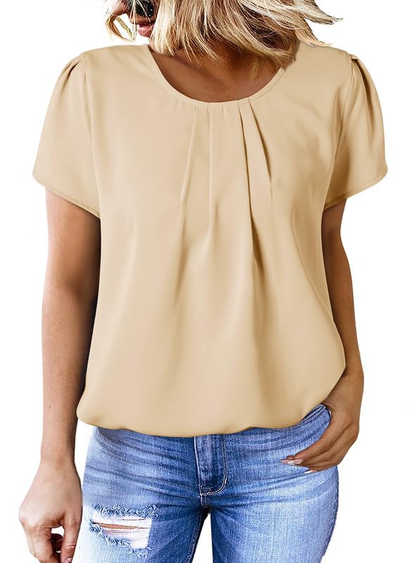 Dokotoo Women's Casual Round Neck Basic Pleated Tops Short Sleeve Loose Fit Curved Keyhole Back Chiffon Blouses Tshirts