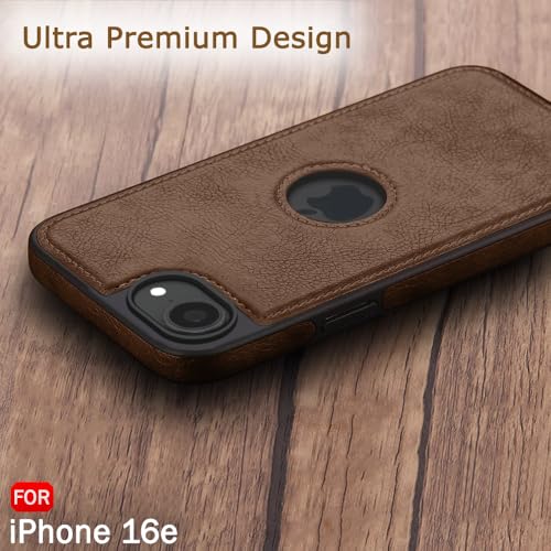 Image of TheGiftKart Genuine Leather Finish Back Cover Case for iPhone 16e | Shockproof Design | Raised Edges for Camera & Screen Protection | Stunning Minimalist Design Case Cover (Black Sides, Brown)