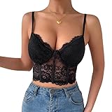 Haibang Sexy Lace Corset V Neck Crop Spaghetti Strappy Cami Backless Slim Fit Camisole Bralettes Mesh Bustier Sleeveless Tank Tops Party Clubwear Black