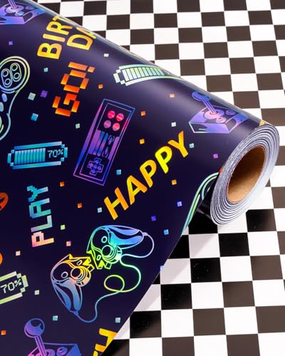 Wikadlik Gaming-Geschenkpapierrolle - Klassisches schwarz-weißes Karomuster für Kinder Jungengeburtstage Vatertag & Abschlussfeiern - 43 cm x 10 m