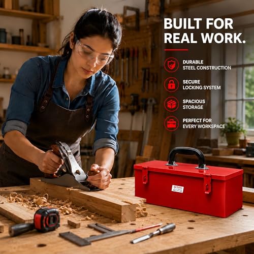 Image of PAHAL Metal Tool Box 16 x 5 x 5.5 Inch, Heavy Duty Steel Tool Storage Box for Mechanic, Electrician & Home Use (Red, Portable, Empty)