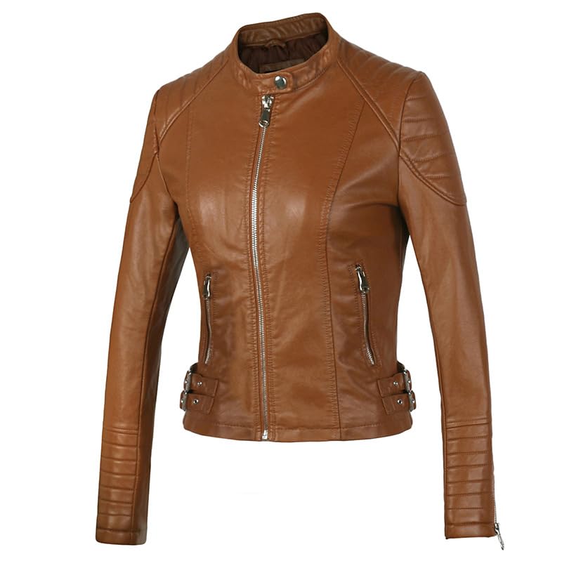 Women’s PU Leather Slim Fit Motorcycle Jacket with Stand Collar and Zip Closure