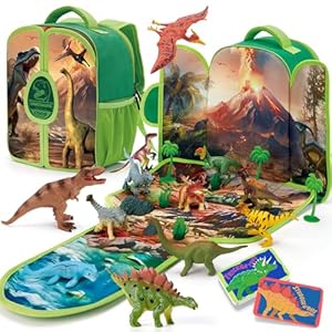 COCO&Friends Dinosaurios Juguetes Niños 3 años, Dinosaurios Mochila Infantil con 12 Dinosaurios, Cartas y Tapete de Juego – Juguetes de Viaje Regalos para Niños 3 4 5 6 años