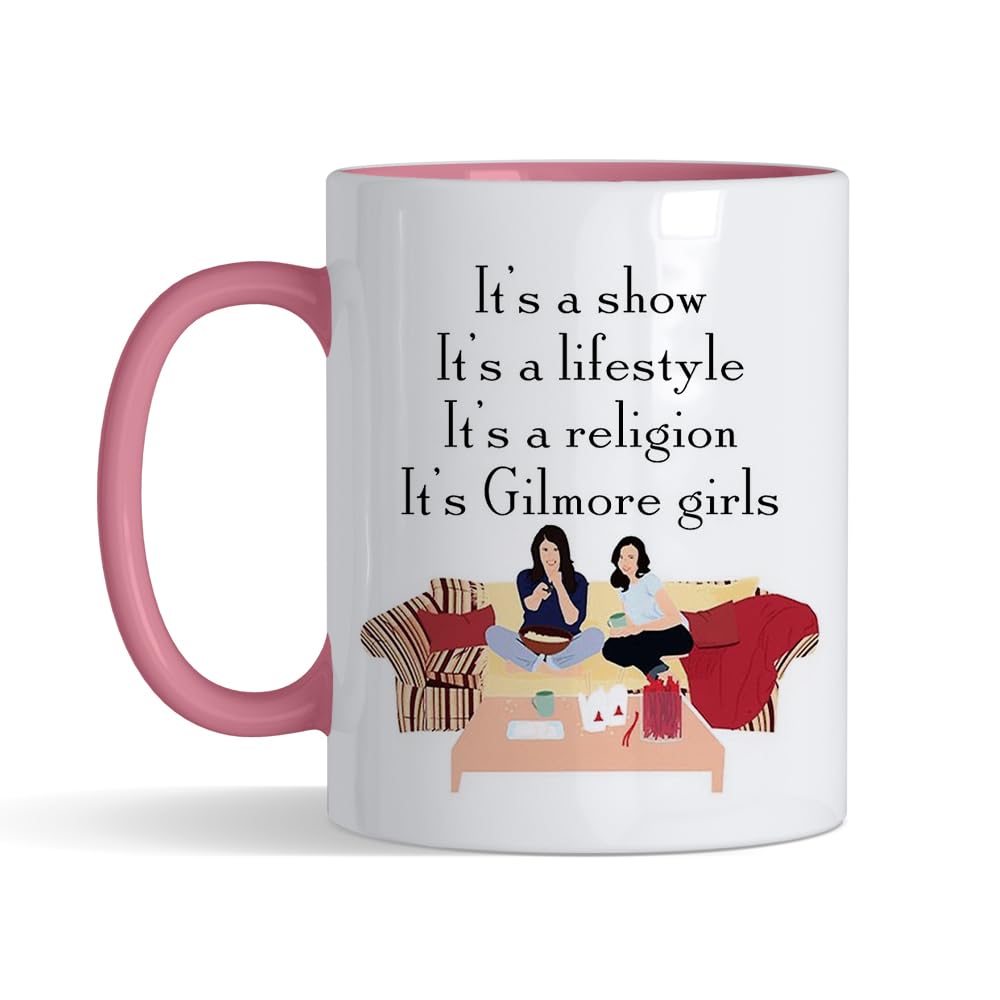 Crunchy Carrots Show, Lifestyle, Religion, It's Gilmore Girls 11 oz Ceramic Coffee Mug for Birthday, Christmas, Best Friend. (Pink Inside and Handle)