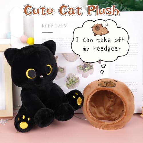 Image of Capybara Plush Stuffed Cat, 8inch Black Cat Plush Wear Capybara Hood, Cute Kitten Plushies Kawaii Huggable Gift for Kids, Boys, Girls, Birthday