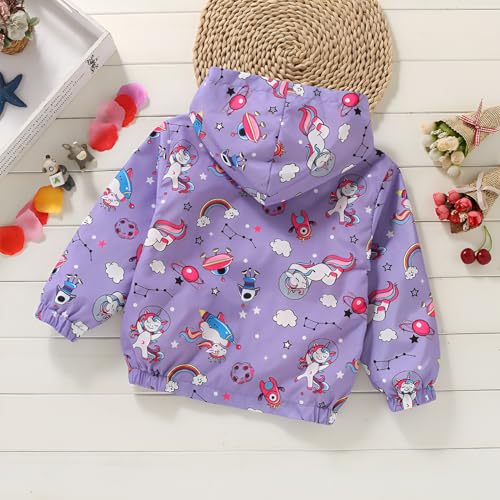 DDSOL Lightweight Hooded Windbreaker for Toddler Girls - Cartoon Print Unicorn and Owl Zip Jacket for Spring/Fall (Ages 2-8)3