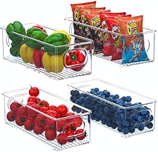 FINEW Fridge Organiser Set of 4, Stackable Storage Box, Small Refrigerator Organizer Bins with Handles for Kitchen, Freezer, Pantry, Cupboards - Clear BPA-Free Storage Container