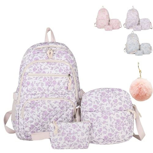 Coquette Floral Quilted Backpack 3Pcs Set,Coquette Floral Rucksack,Kawaii Backpack Set Quilted Daypack with Small Crossbody (Purple)