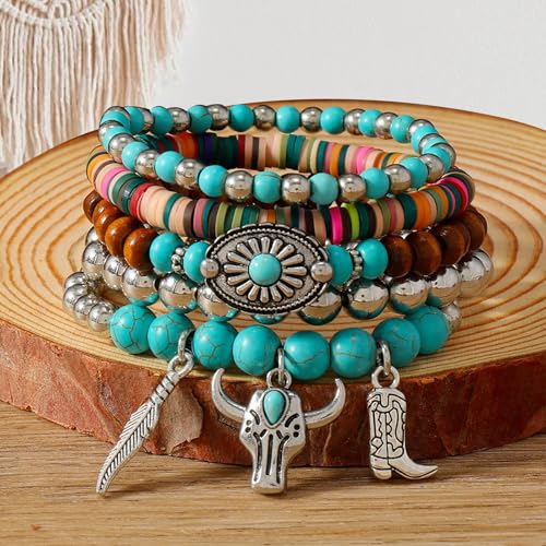 Western Bracelets for Women,Cowgirl Turquoise Beaded Stretch Bracelets,Stackable Bull Head Cowboy Boots Feather Bracelets Set,Western Cowgirl Jewelry Accessories for Women3
