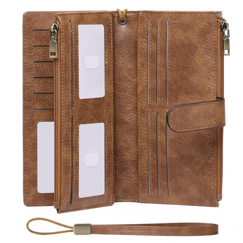 Image of GOIACII Large Wallet for Women Leather Wristlet Beige Brown