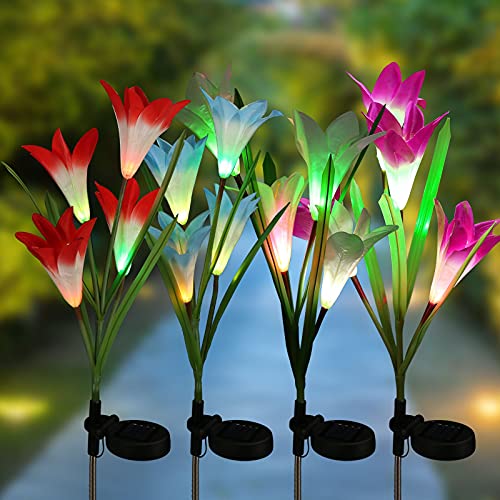 Lomotech 4 Pack Solar Lily Flower Lights, Solar Flower Lights Waterproof, Solar Garden Stake Lights with 7 Color Changing, Pathway Light for Garden Patio Yard Party Wedding Holiday Outdoor Decoration
