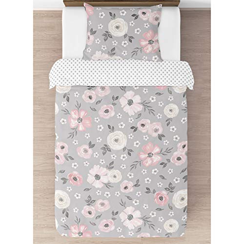 Image of Sweet Jojo Designs 2-Piece Twin Comforter Set (Grey Watercolor Floral) for Girls, Teen Kids Bedding, Bed in a Bag incl. Blanket & Pillow Sham (Shabby Chic, Rose Flower, Farmhouse, Bohemian, Polka Dot)