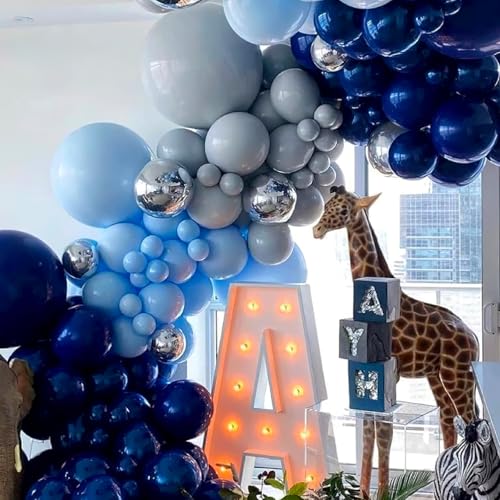 Image of PartyWoo 140 pcs Blue Balloon Arch Kit Garland Navy and Light Baby Blue Silver Gray 4D Foil and Glitter Balloons for Baby Shower Gender Reveal Graduation Wedding Birthday Party Decorations