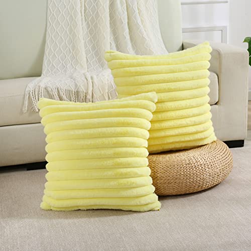 FUTEI Yellow Striped Decorative Throw Pillow Covers 16x16 Inch Set of 2,Square Winter Decorations Couch Pillow Case,Soft Cozy Faux Rabbit Fur & Velvet Back,Modern Home Decor for Bed