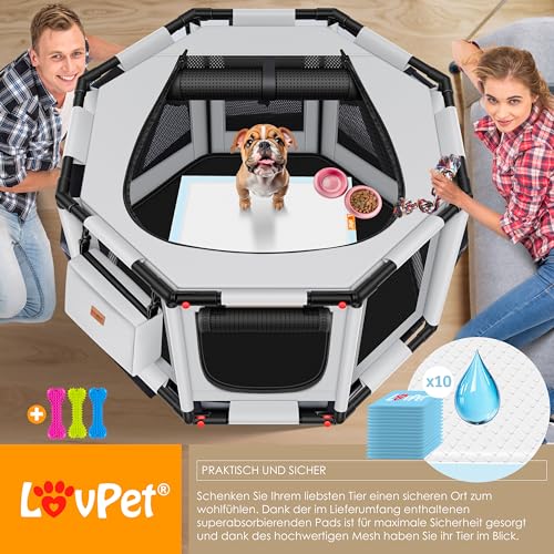 LOVPET® Welpenlaufstall drinnen draußen Welpenauslauf Hunde-Käfig Oxford-Gewebe Tier-Laufstall Kleintier Katzen Freigehege Rahmen PVC-Rohr mit Tasche, 3X Kauknochen & 10 Pad, M 72x72x43cm, Grau