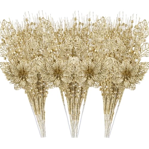 CristBest 24 Pack Christmas Tree Ornaments - Artificial Flowers Glitter Berry Stems Christmas Floral Picks Branches for Xmas Tree Decorations Vase Filler Holiday Wedding Party Home Decor (Gold) - image 1