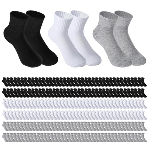 126 Pairs Mens Socks Bulk, Unisex Quarter Ankle Sock, Pack of Athletic Moisture Casual Sports Socks, Bulk for Homeless Men Women, Black Gray White, One Size