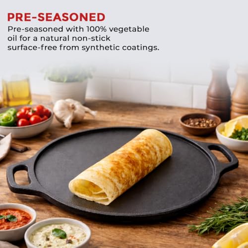 Image of AVIAS Cast Iron Dosa Tawa 30cm Pre-Seasoned 12 Inch | Double Handle Naturally Nonstick Cast Iron Tawa | Gas & Induction Compatible | 100% Pure Toxin-Free Roti Chapati Tawa for Dosa, Uthappam, Naan