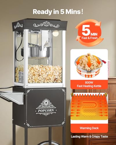Image of VEVOR Popcorn Machine with Cart, 8oz Stainless Steel Kettle, 800W Commercial Popcorn Maker, 48 Cups per Batch Theater Style Popper, with 2-Button Control Glass Wall PC Door 1 Scoop 3 Spoons, Black