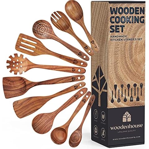 Wooden Spoons for Cooking, 10 Pcs Teak Wood Cooking Utensil Set - Wooden Kitchen Utensils for Nonstick Pans & Cookware - Study, Lightweight & Heat Resistant Cover