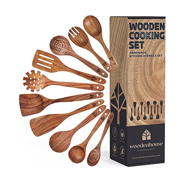 Wooden Spoons for Cooking, 10 Pcs Teak Wood Cooking Utensil Set - Wooden Kitchen Utensils for Nonstick Pans & Cookware - Sturdy, Lightweight & Heat Resistant Wooden Spoons for Cooking, 10 Pcs Teak Wood Cooking Utensil Set - Wooden Kitchen Utensils for Nonstick Pans & Cookware - Sturdy, Lightweight & Heat Resistant