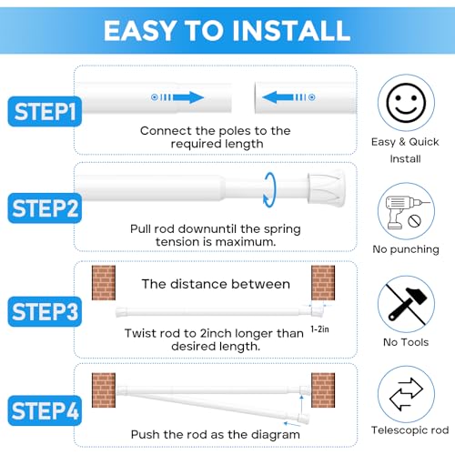 Image of 2 Pack Tension Rods for Windows 28 to 48 inch, Adjustable Curtain Rods No Drilling Spring Rods Extendable Pressure DIY Tension Rod for Window Closet Kitchen, White