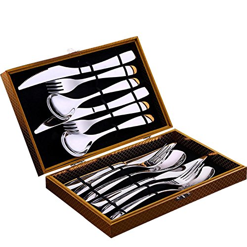 Juego de 12 cubiertos de acero inoxidable de alta calidad, pulido espejo, set multiusos para casa, cocina, restaurante, cubiertos, set de cubertería con madera para 4 personas