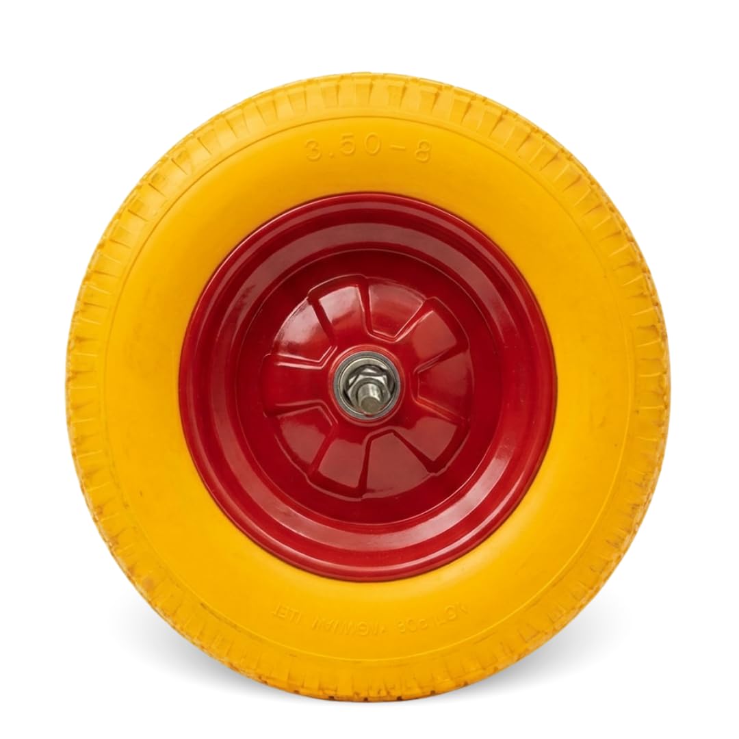 2 ruedas para carretilla 3.50-8, neumáticos amarillos antipinchazos, goma maciza antipanne con llanta roja de acero y rodamientos, ruedas para carros, carretillas con tacos