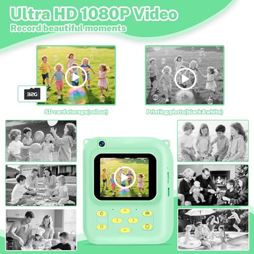 Image of Instant Print Camera for Kids, 1080P Video Camera with 3 Print Rolls | 32GB Card & Cute Cover, Gift for Girls Boys Age 3-12, Toddler Digital Camera with Games, Filters, Music - Green