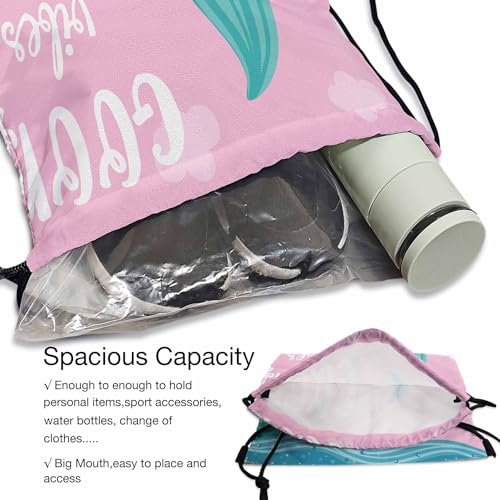 Drawstring Backpack Bag Good Vibes Lettering Green Mermaid Tail Blue Sea Two Seagulls Lightweight Backpack Soccer Ball Bag Sutiable for Sports Beach Short Travel Stroage 14x16.9 Inch4