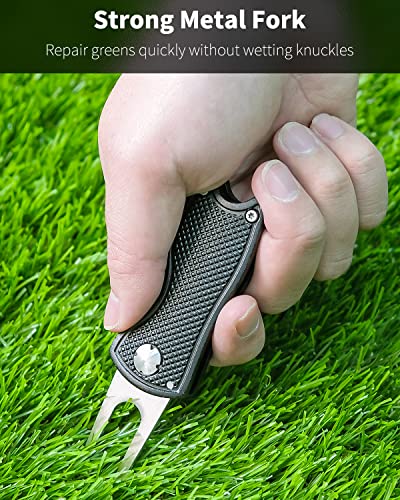 GreenHaven 2 Pack Golf Divot Repair Tool for Golfers Foldable Metal Green Tool with Magnetic Putt Alignment Ball Marker Pop-up Fork Tine with Sturdy Aluminum Alloy Handle (Blue&Black)