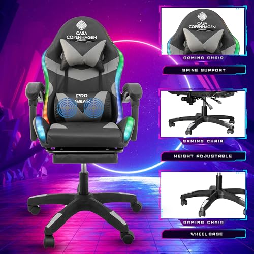 Image of Casa Copenhagen Designed in Denmark,High-Back Italian Leather Gaming Ergonomic Chair with Advanced Mechanism with LED Light & Electric Back Massager, Memory Foam Seating - Grey & Black