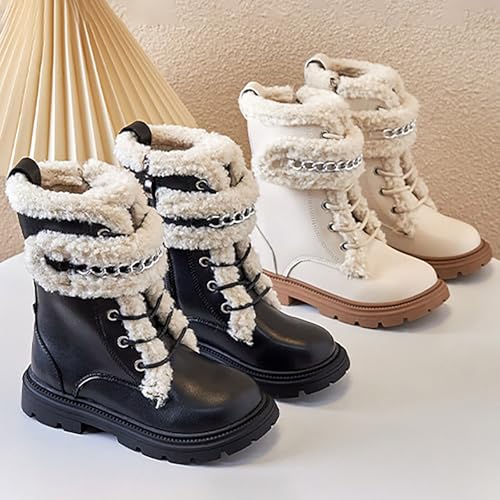 IWIHMIV Girls Riding Boots Winter Warm Mid Calf Boots Non Slip Thick Soled Leather High Top Booties2
