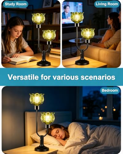 Image of Lightdot Green Glass Table Lamp Dimmable Vintage Black Flower Lamp Gift | Mid Century Modern Desk Lamp 2 Bulbs Included Warmwhite Ambient Nightstand Bedside Lamp for Living Room Bedroom Home Decor