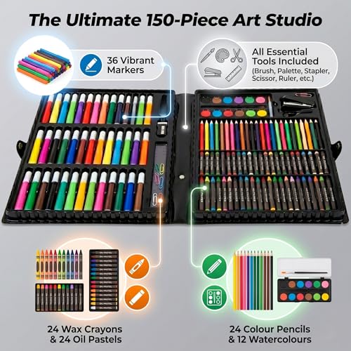 Image of Kitchen Bloom Color Kit Art Set for Kids,145 Pieces Drawing Kit with Colour Pencils,Oil Pastels,Paint Brushes,Water Colours,Marker Pens,Color Set for Kids(Plastic(150 pcs)),Ink Color-Multicolor