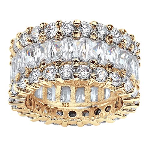 14K Yellow Gold over Sterling Silver Baguette Cut and Round Cubic Zirconia Triple Row Eternity Ring