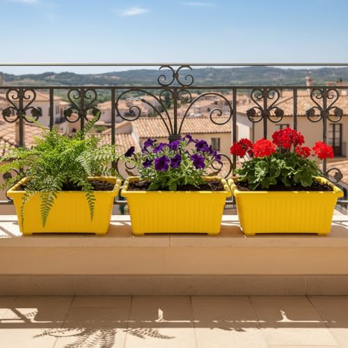 Image of Bianco Rectangular Plastic Pots for Plants, Jupiter Flower Pots for Home, Window Display, Garden (35 x 18.5 x 15 cm) (Yellow) (Pack of 3)