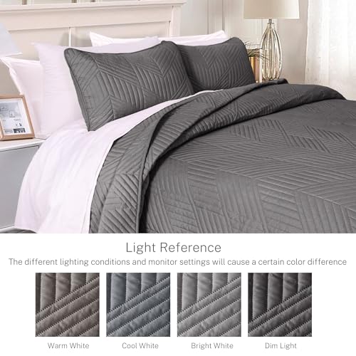 Exclusivo Mezcla Ultrasonic Full Queen Quilt Bedding Set, Lightweight Grey Bedspreads Soft Modern Geometric Coverlet Set for All Seasons (1 Quilt and 2 Pillow Shams)