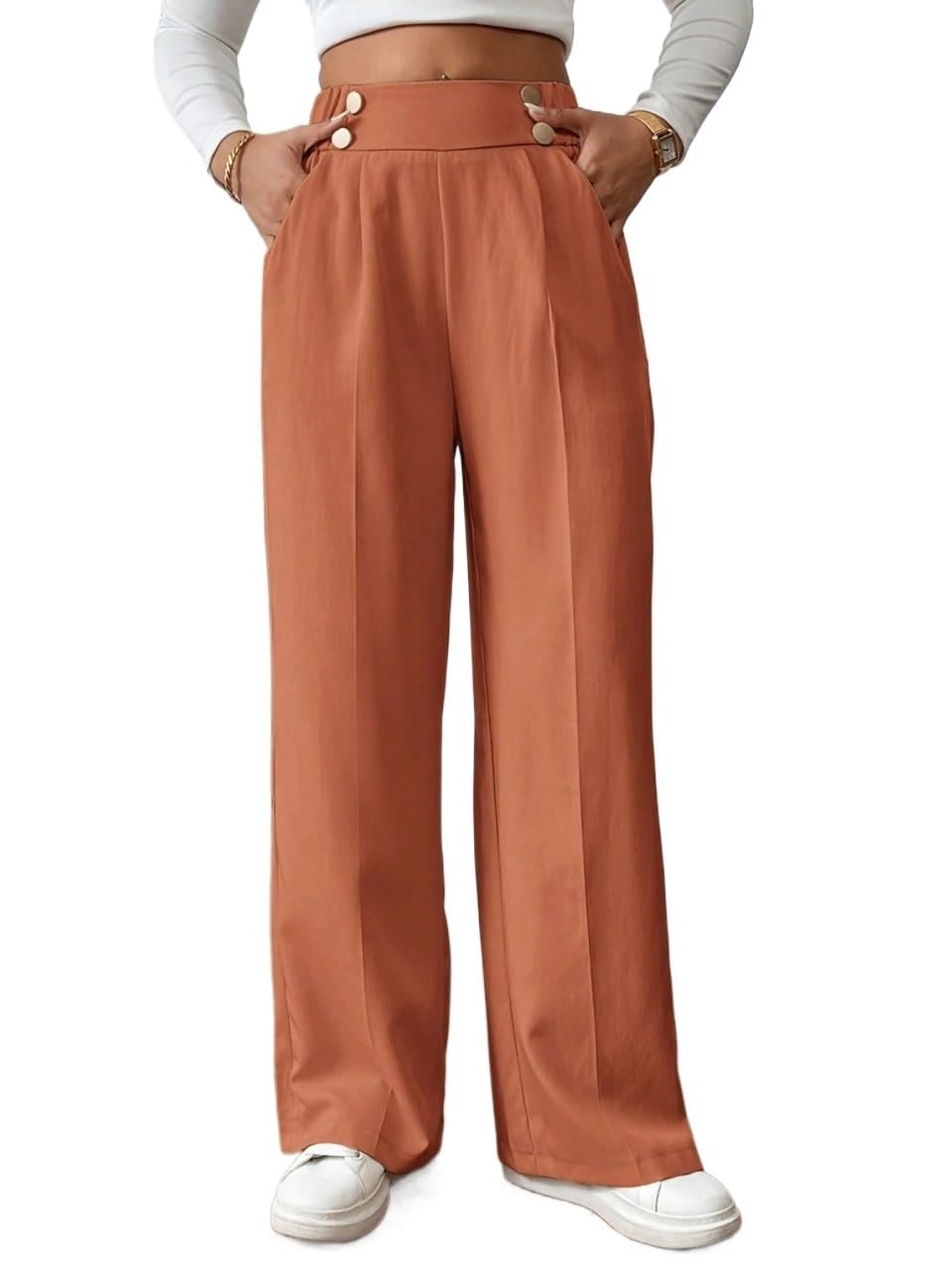 Womens Fall Double Buckle Straight-Leg Elegant Office Pants Trousers Brown